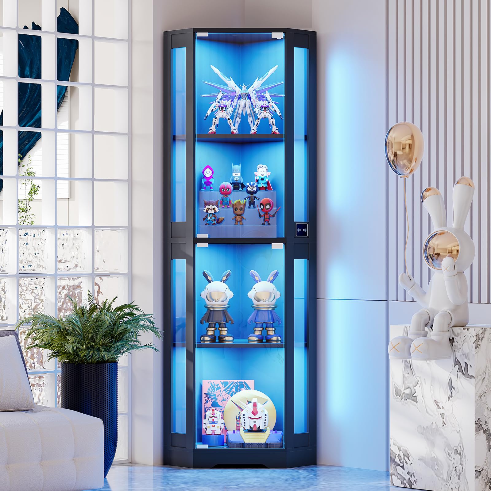 Corner Glass Display Case with LED lighting and display shelves