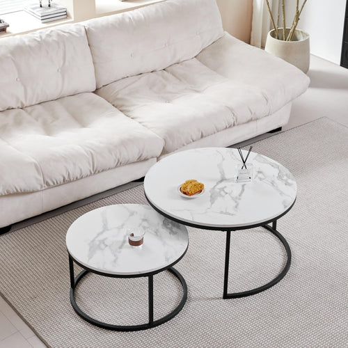 GrandCA HOME set of two stackable round coffee tables with marbled MDF tops and black stainless steel legs
