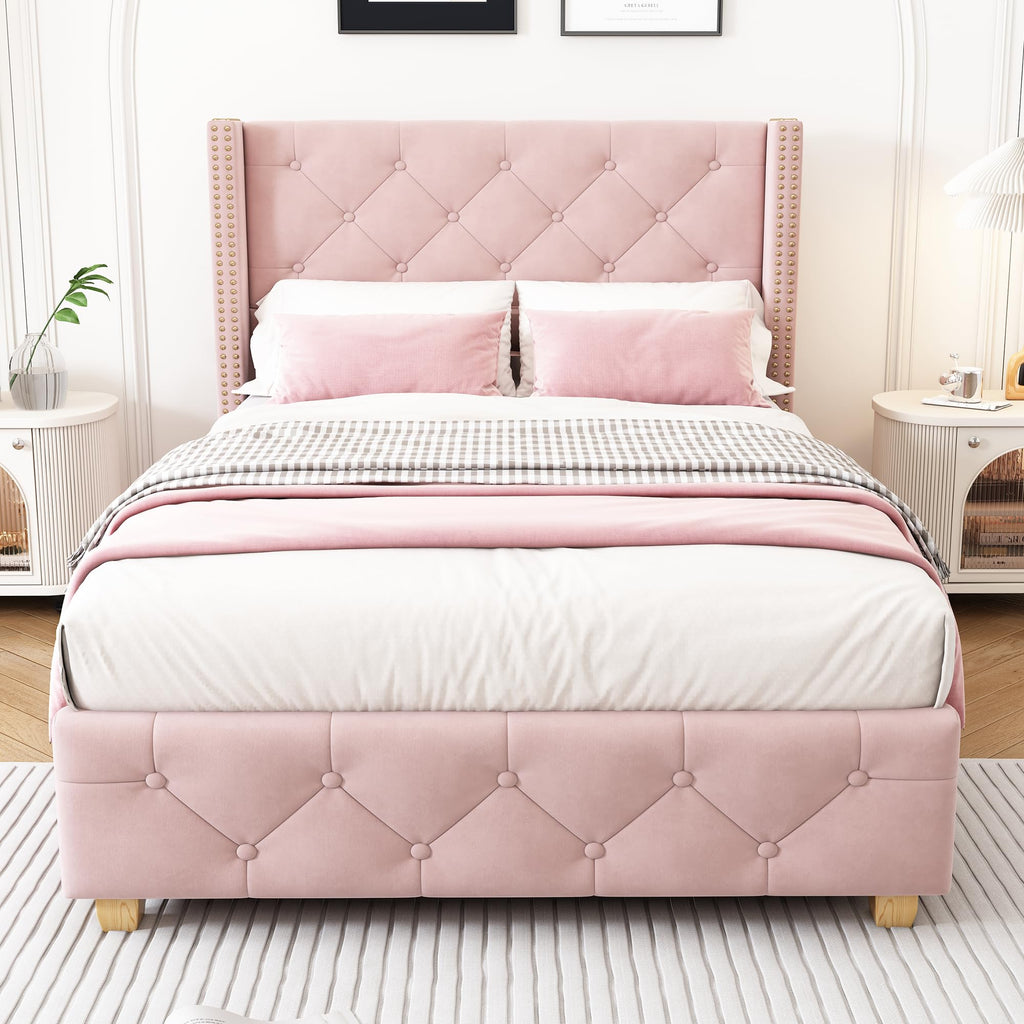 REXO Pink Velvet Upholstered Bed with Quilted Headboard