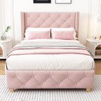 REXO Pink Velvet Upholstered Bed with Quilted Headboard