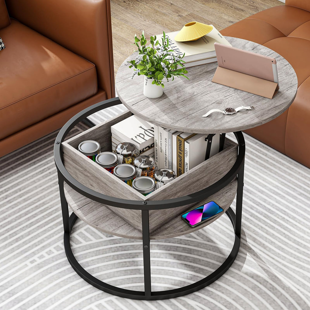 Modern grey lift top coffee table with storage and a round design from HOJINLINERO