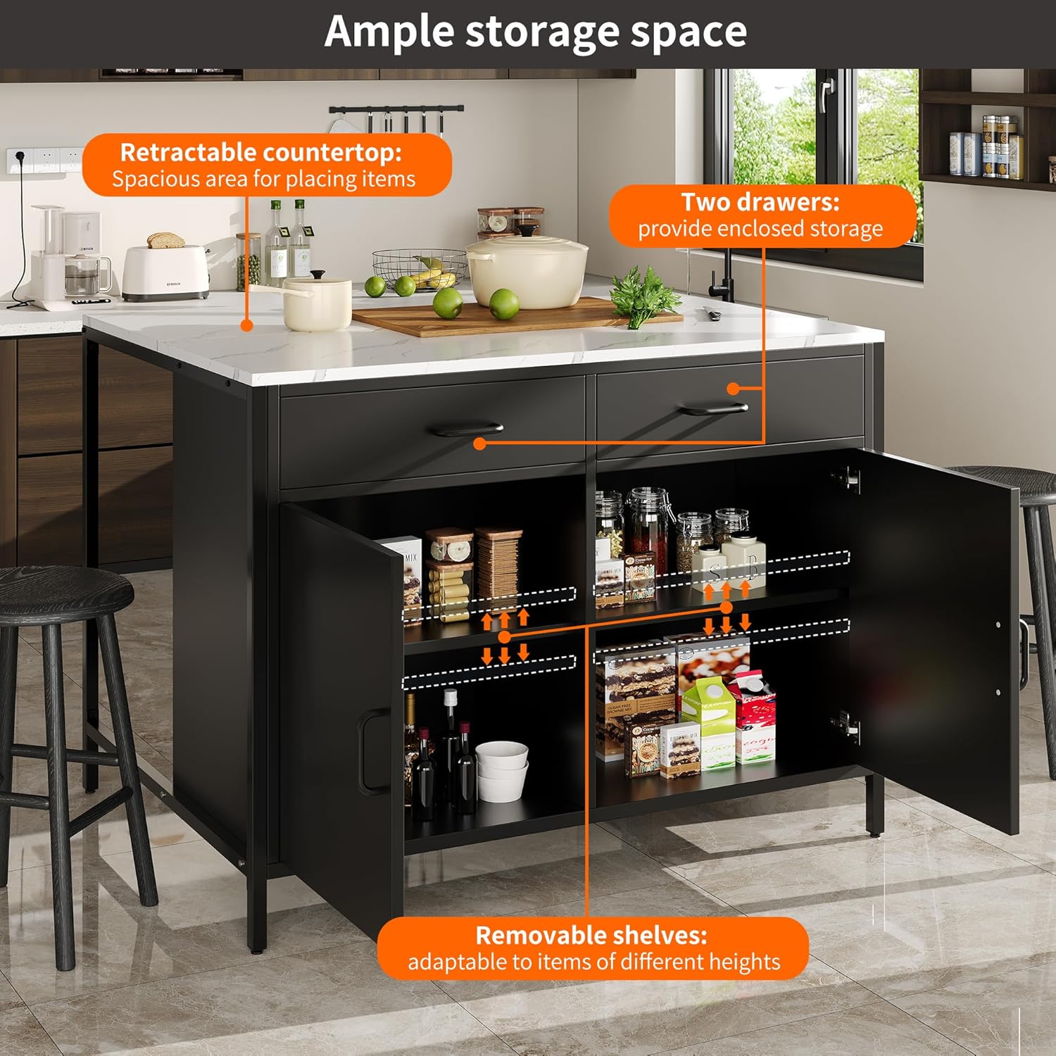 Azkoeesy High Table with 2 Drawers and Doors - Black