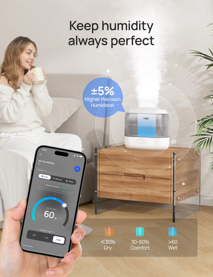 Dreo Smart Humidifiers for Bedroom, Top Fill 4L Cool Mist Humidifier with Nightlight, 32H Runtime, Touch/APP/Voice Control, Quiet Ultrasonic Humidifiers for Large Room, Home, Baby, Plants, Office