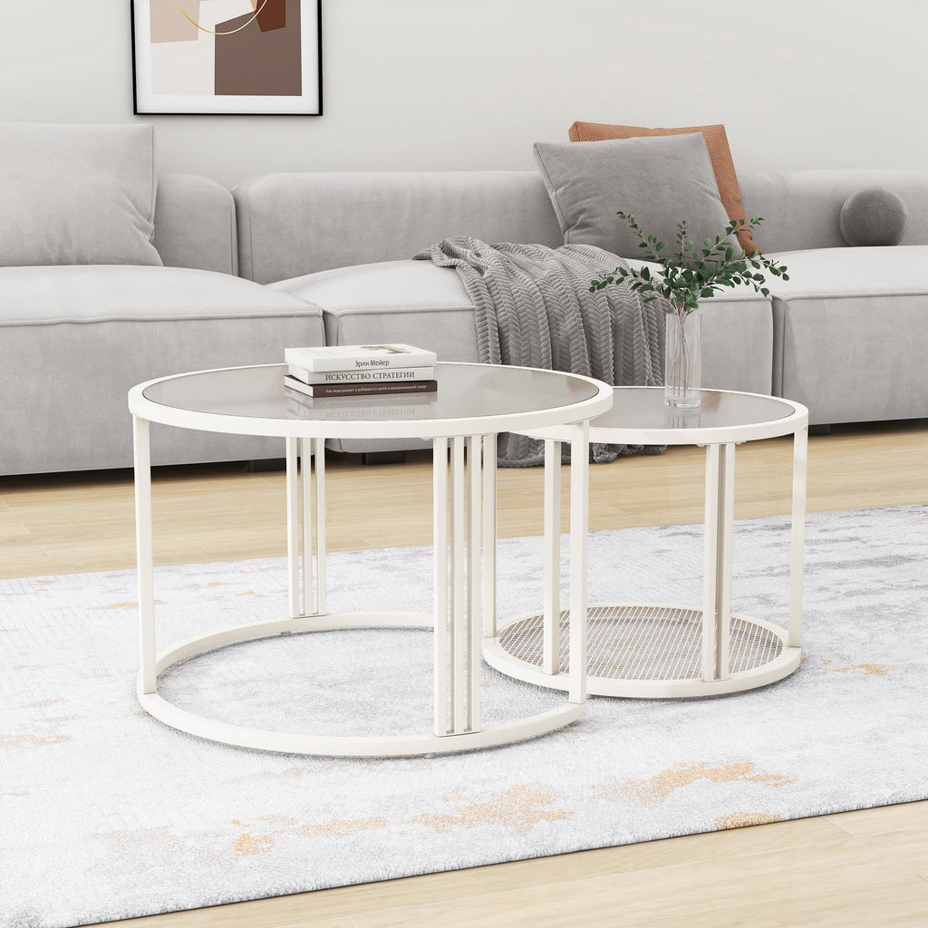 ULUCAN Set of 2 Round Coffee Tables with Water Wave Glass Top