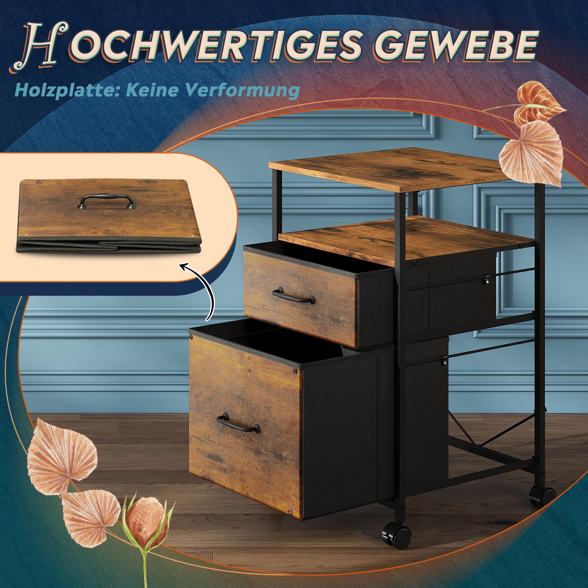 DEVAISE Vintage Brown Rolling Container with 2 Drawers