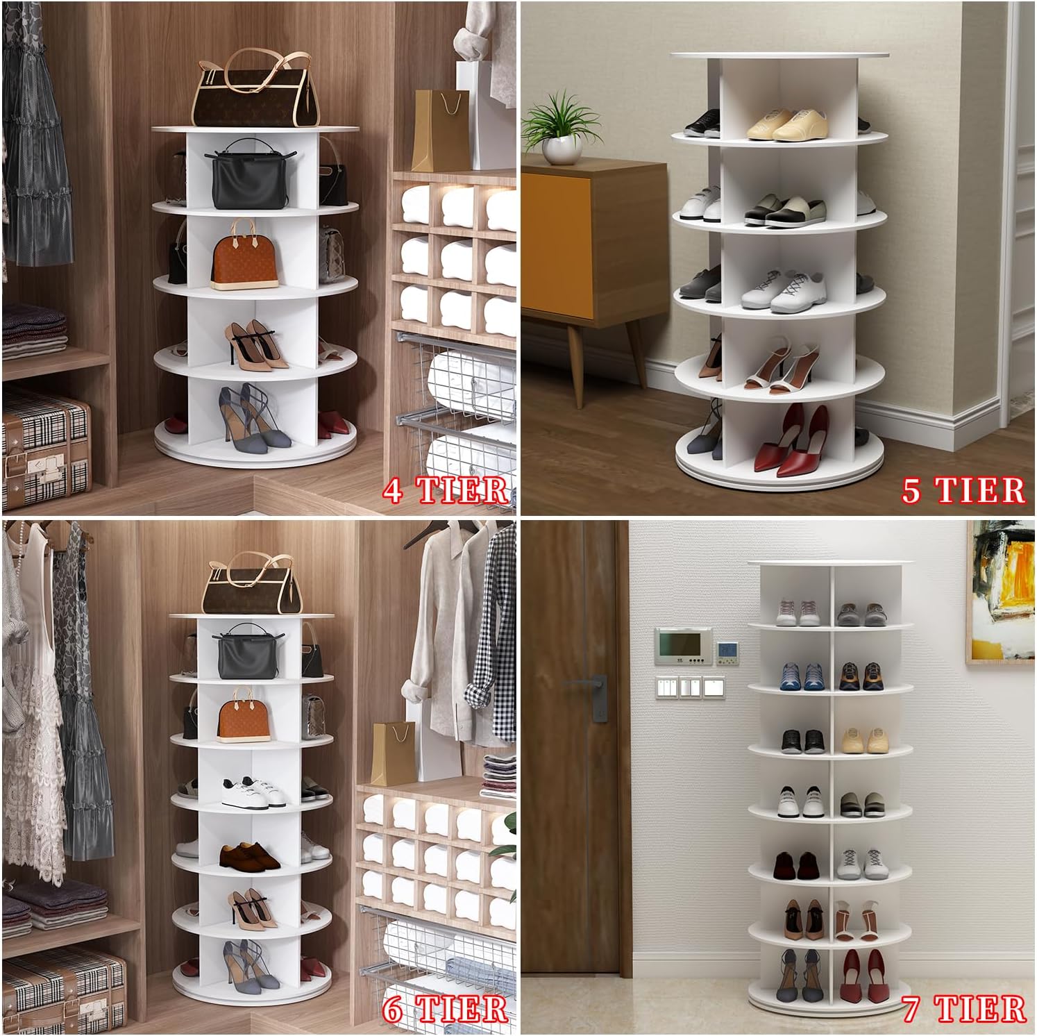 PTUWODS 7 Tier Rotating Shoe Cabinet - White PVC