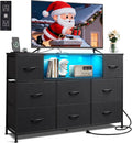 WLIVE Black Dresser TV Stand with LED Lights and Charging Station