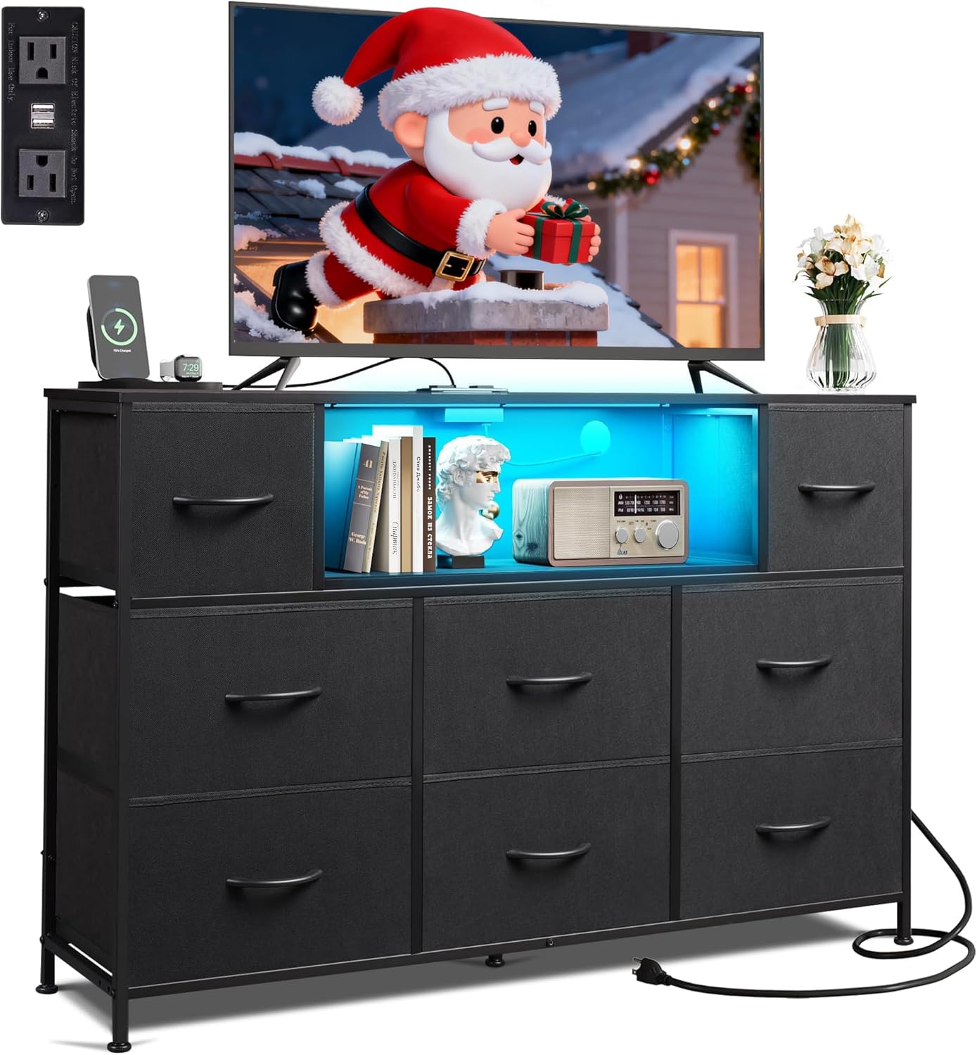 WLIVE Black Dresser TV Stand with LED Lights and Charging Station