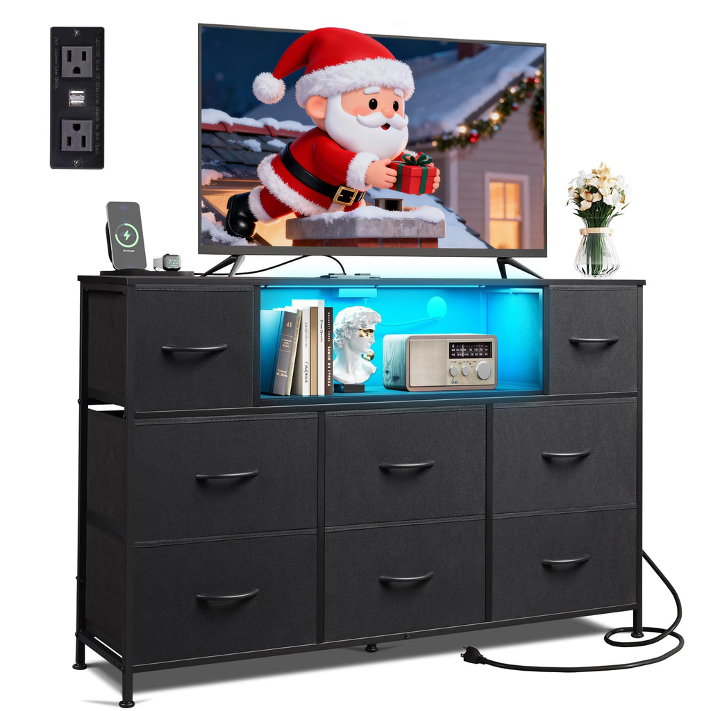 WLIVE Black Dresser TV Stand with LED lights, charging station, and ample storage for 45-55 inch TVs