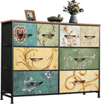 WLIVE 8 Drawer Fabric Dresser with wooden top, floral painted design