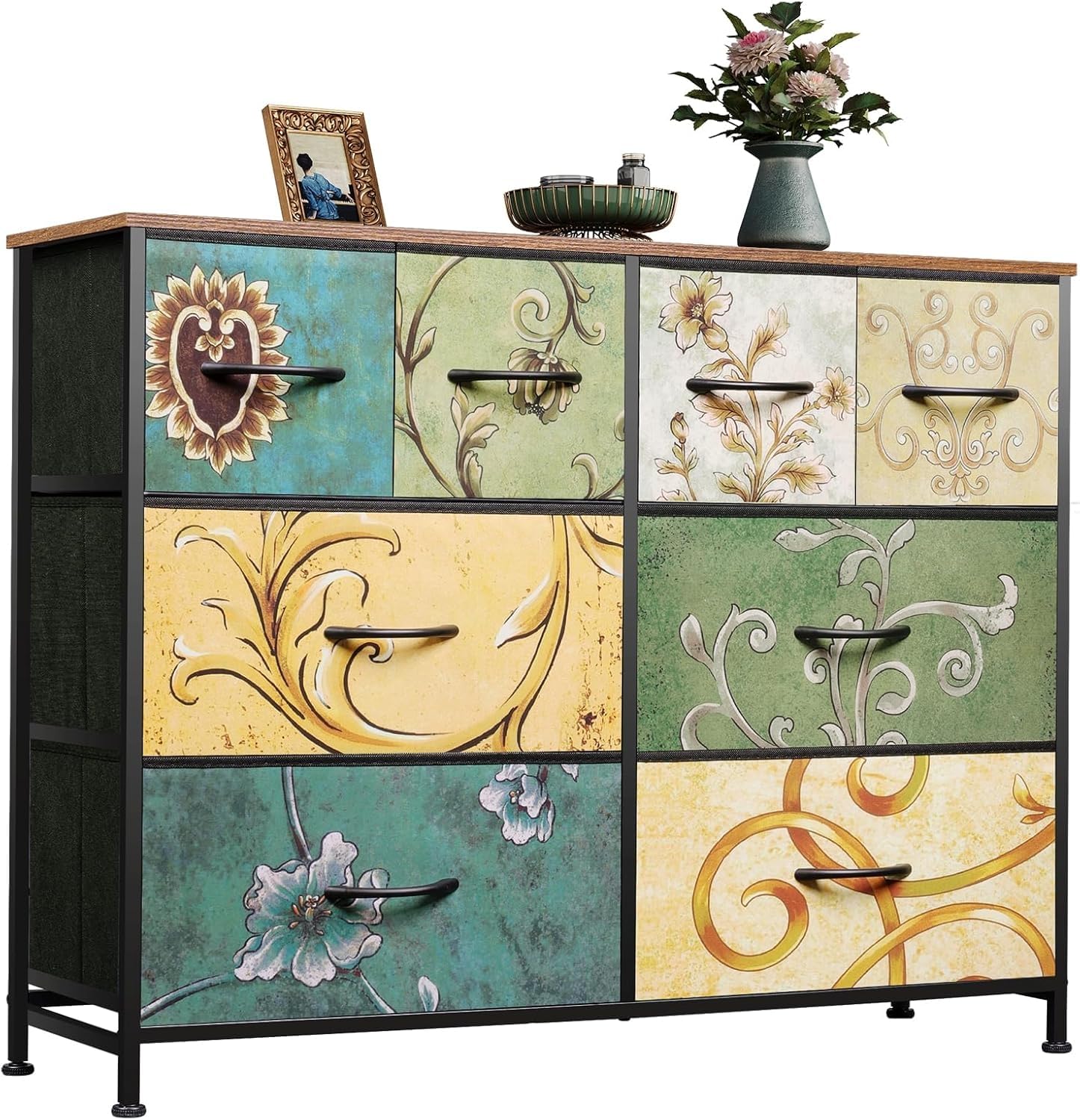 WLIVE 8 Drawer Fabric Dresser with wooden top, floral painted design