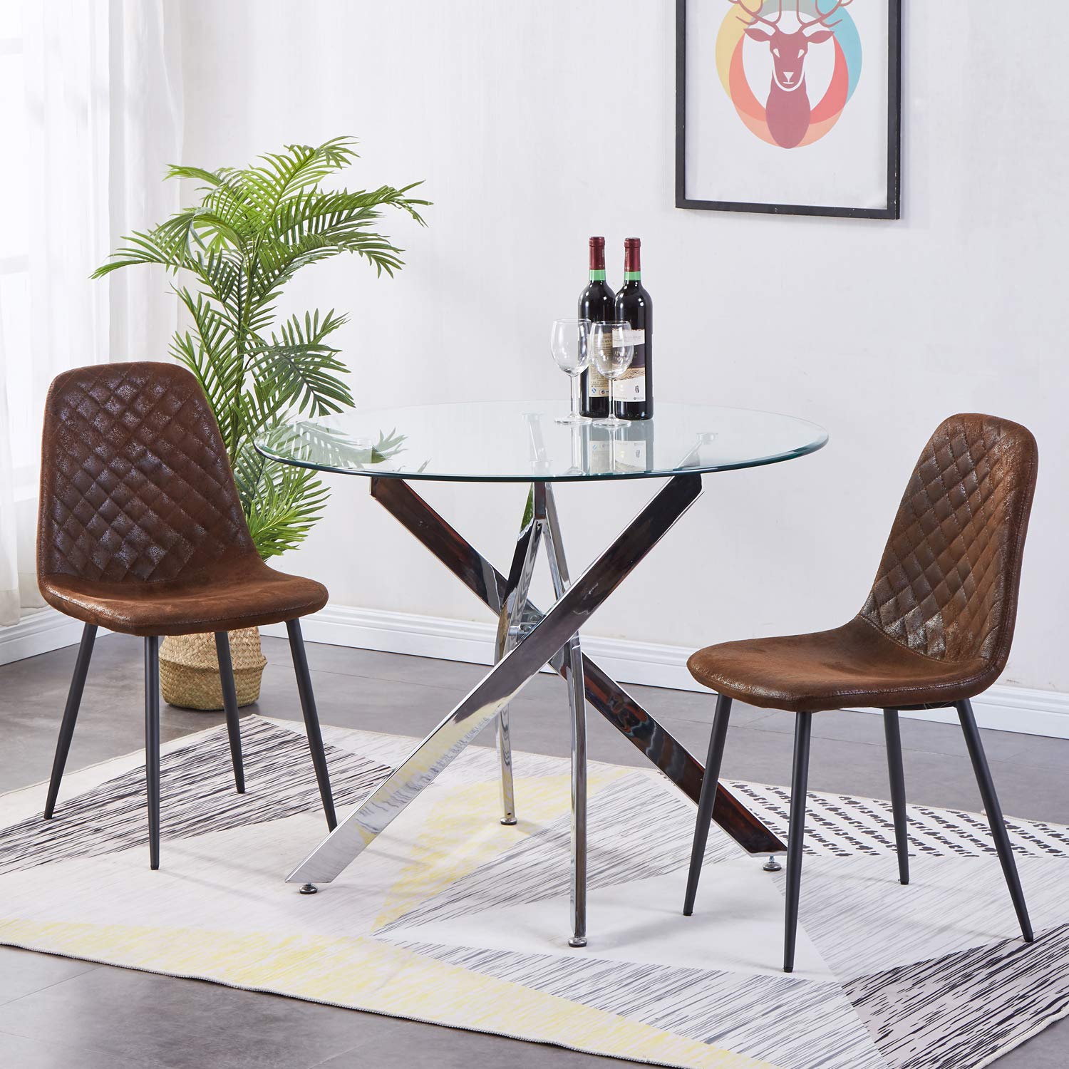 AINPECCA Suede Dining Chairs Set of 2 Brown Upholstered Seat