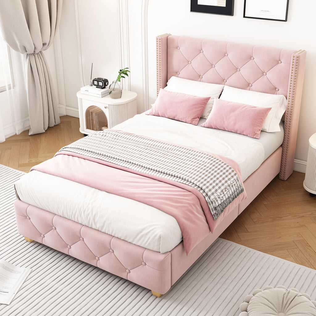 REXO pink velvet bed with a quilted headboard, featuring a modern design and elegant details