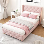 REXO pink velvet bed with a quilted headboard, featuring a modern design and elegant details