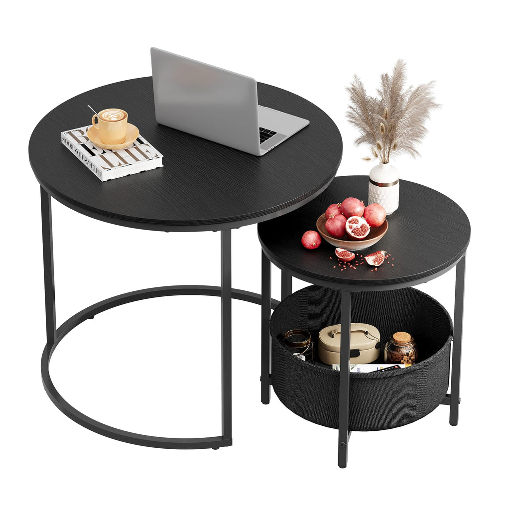 WLIVE round coffee table set with black metal frame and wood grain tabletop