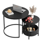 WLIVE round coffee table set with black metal frame and wood grain tabletop