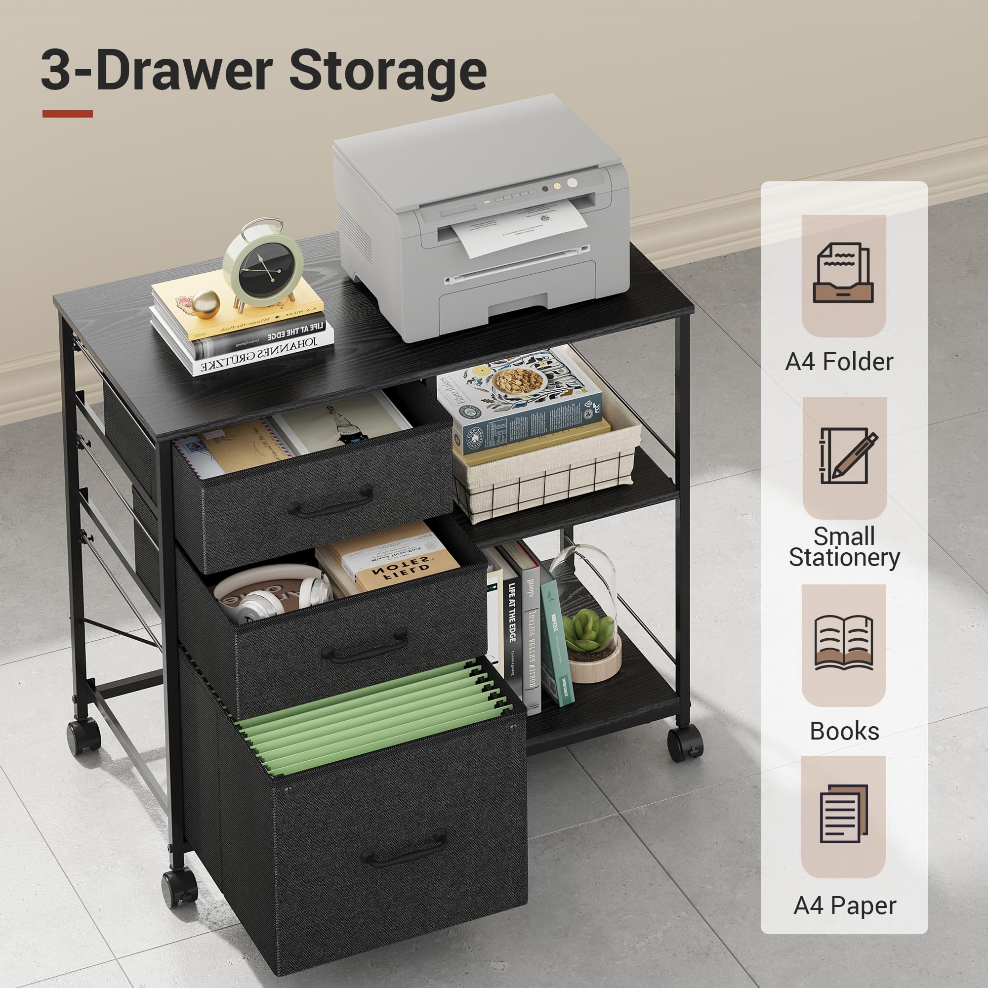 Devaise 3 Drawer Mobile File Cabinet with Open Storage Shelf