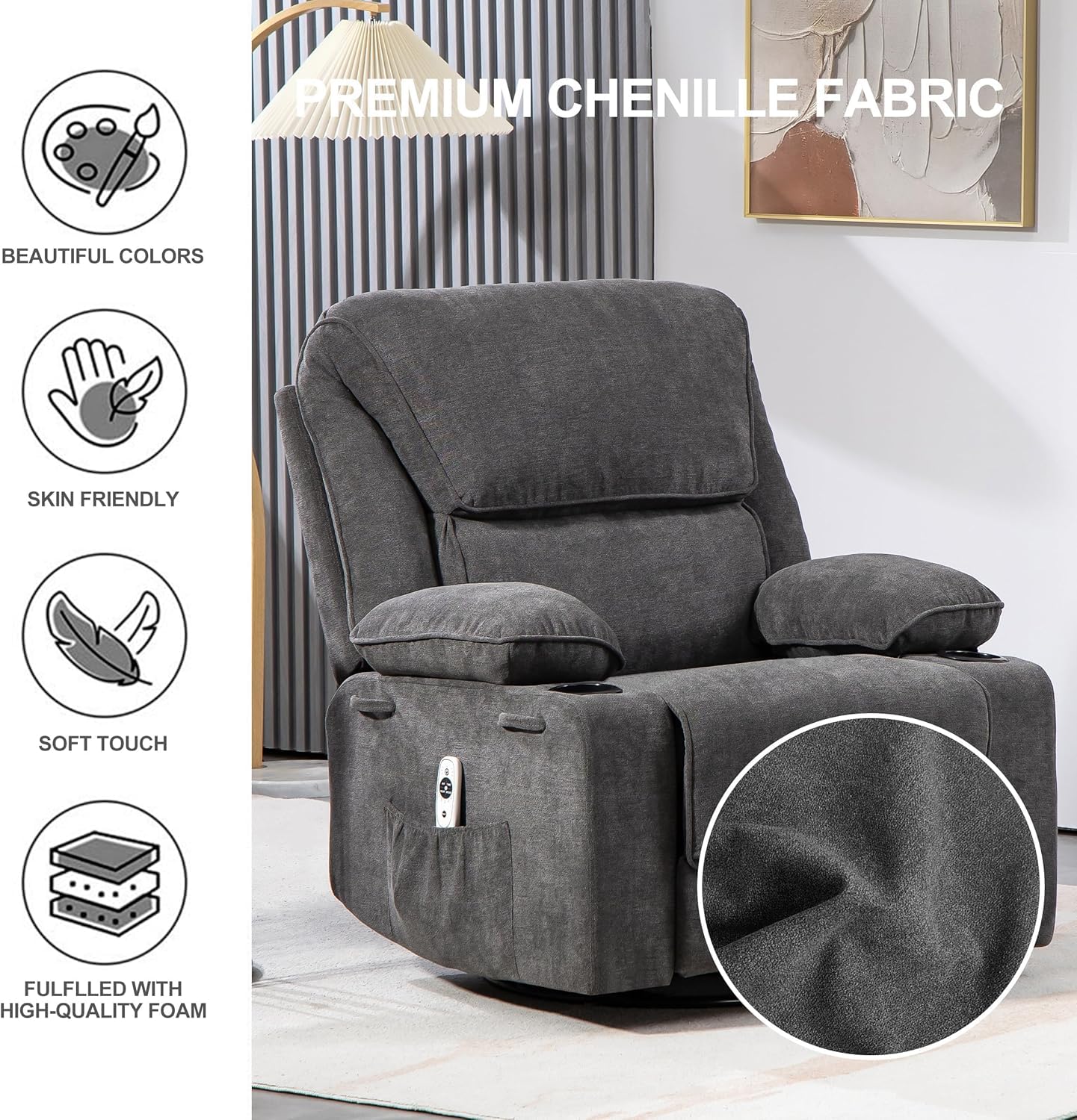 BRTHORY Rocker Recliner Chair with Massage, Heated, 360° Swivel