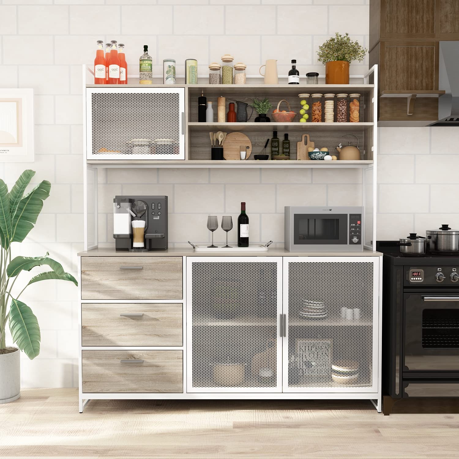 DEZAGCE Industrial Kitchen Sideboard with 3 doors, 3 drawers, and 2 shelves in oak color