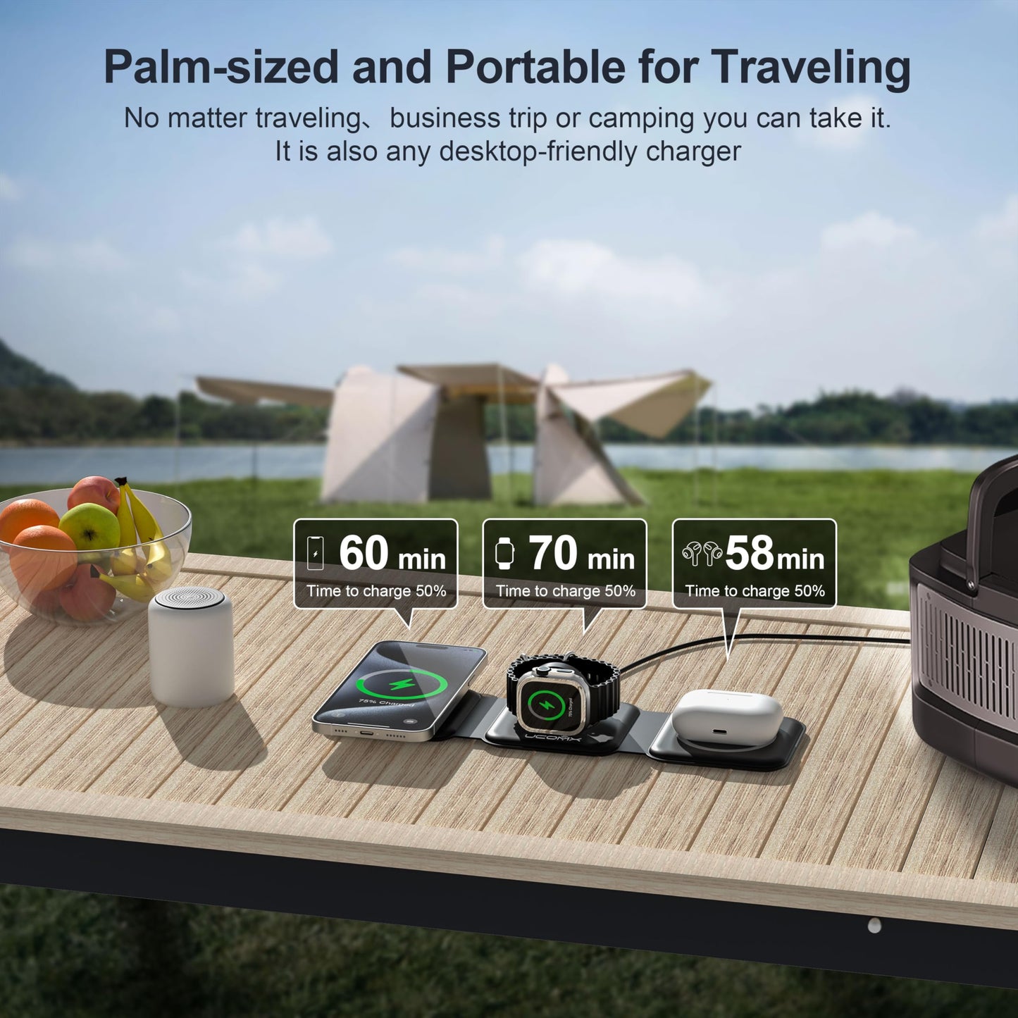 Portable Foldable Magnetic Wireless Charging Station | 3-in-1 Fast Charger for iPhone, Apple Watch & AirPods | Compact & Travel-Friendly Design