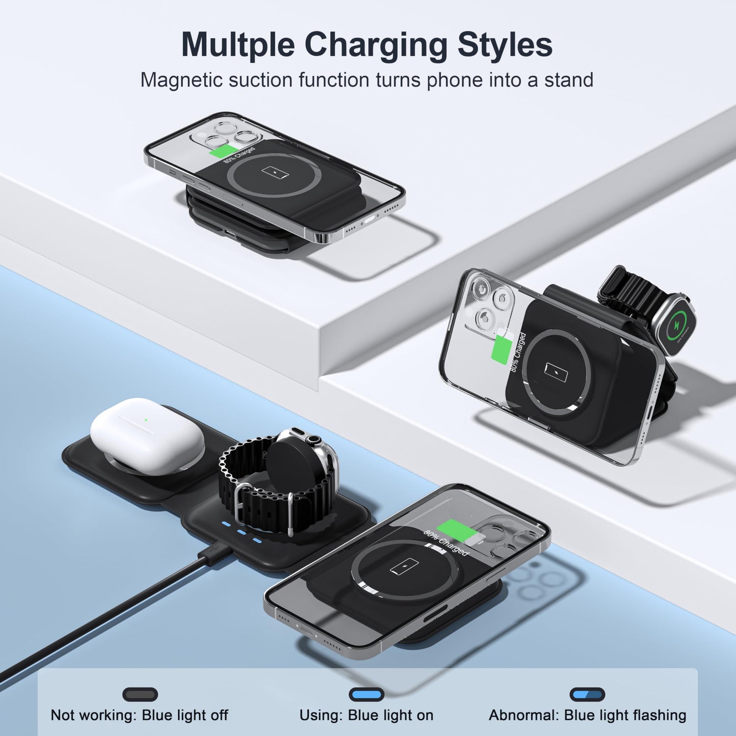 Portable Foldable Magnetic Wireless Charging Station | 3-in-1 Fast Charger for iPhone, Apple Watch & AirPods | Compact & Travel-Friendly Design