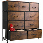 WLIVE 9-Drawer Fabric Storage Tower with wooden top and steel frame in rustic brown wood grain print