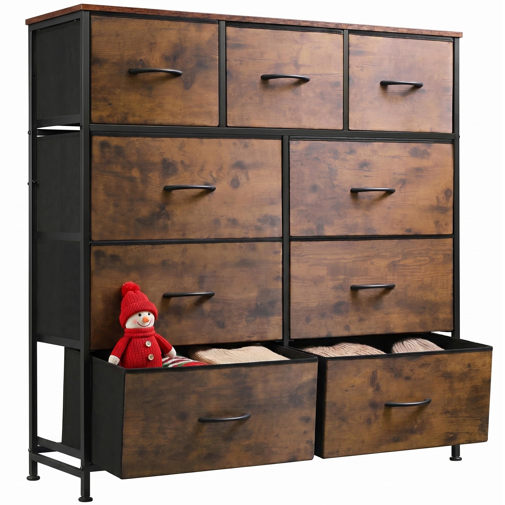 WLIVE 9-Drawer Fabric Storage Tower with wooden top and steel frame in rustic brown wood grain print