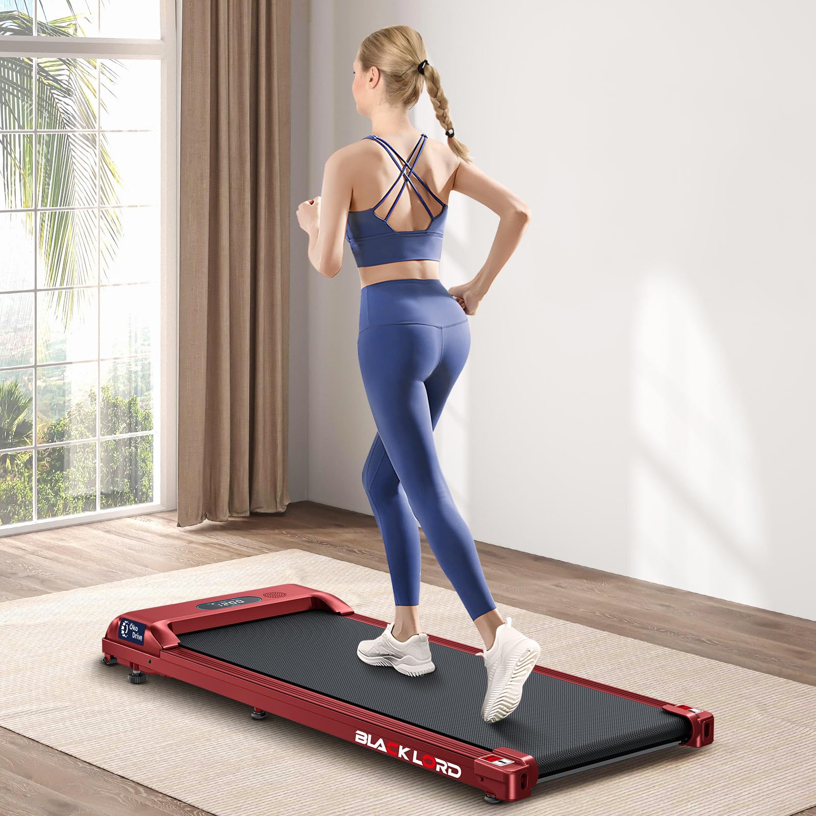 Black Lord Electric Walking Pad Treadmill with red color and Bluetooth connectivity