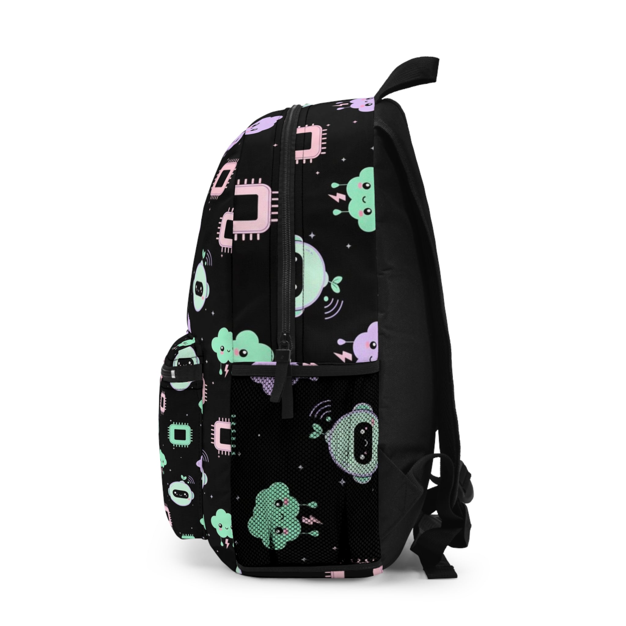 Kawaii Tech Cloud Pattern Backpack — Cute Pastel Cloud & Chip Print School Bag