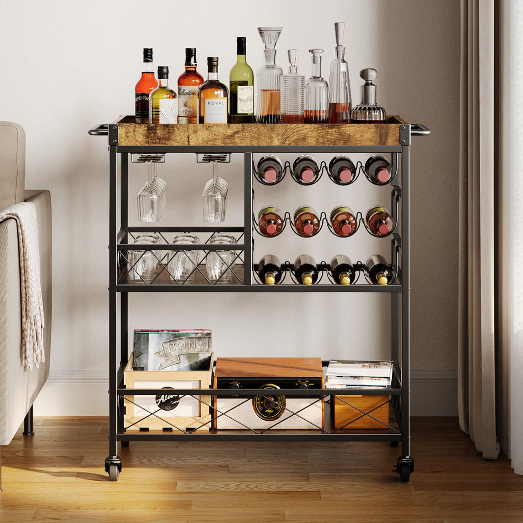 Asofer 3-Tier Bar Cart with Lockable Wheels - Retro