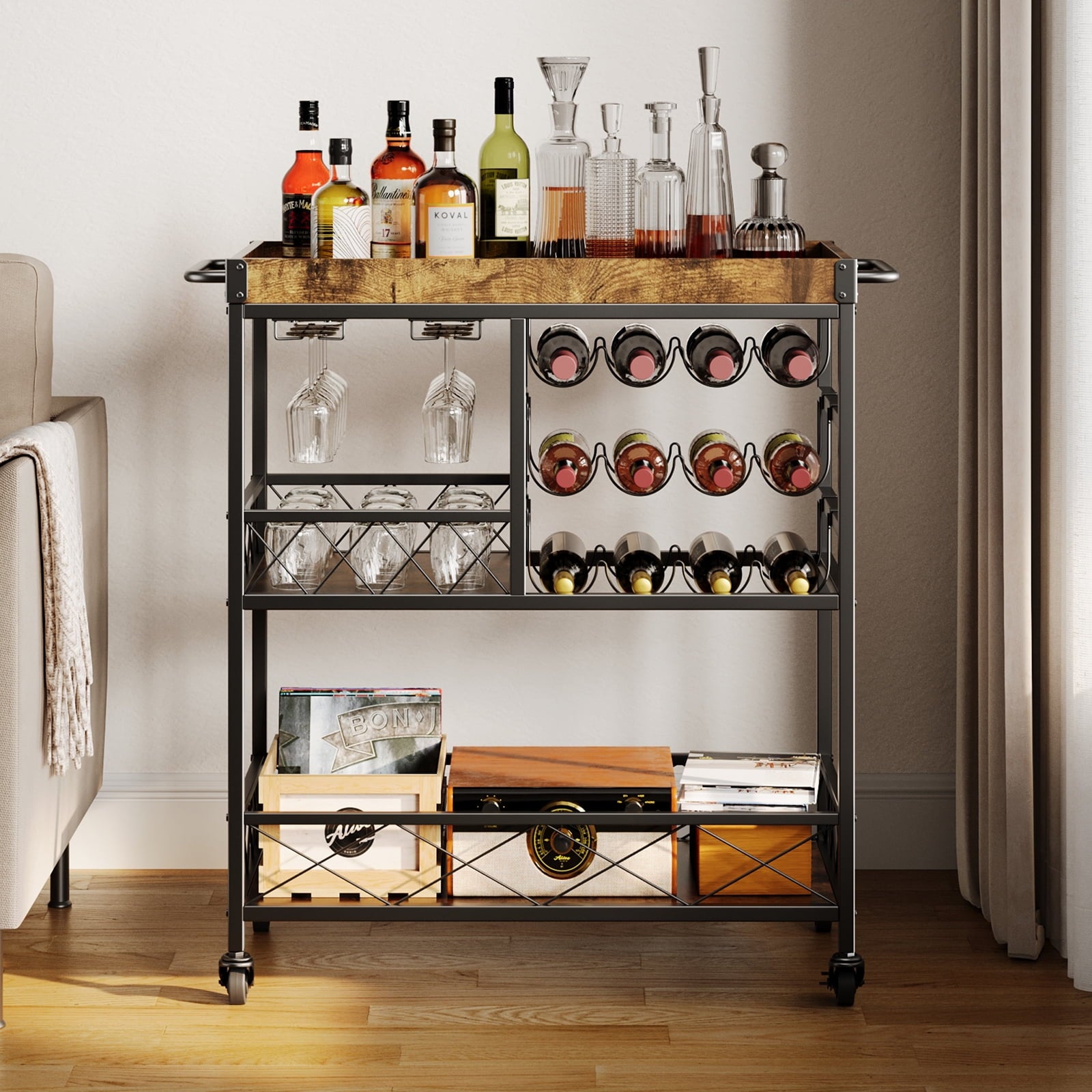 Asofer 3-Tier Bar Cart with Lockable Wheels - Retro