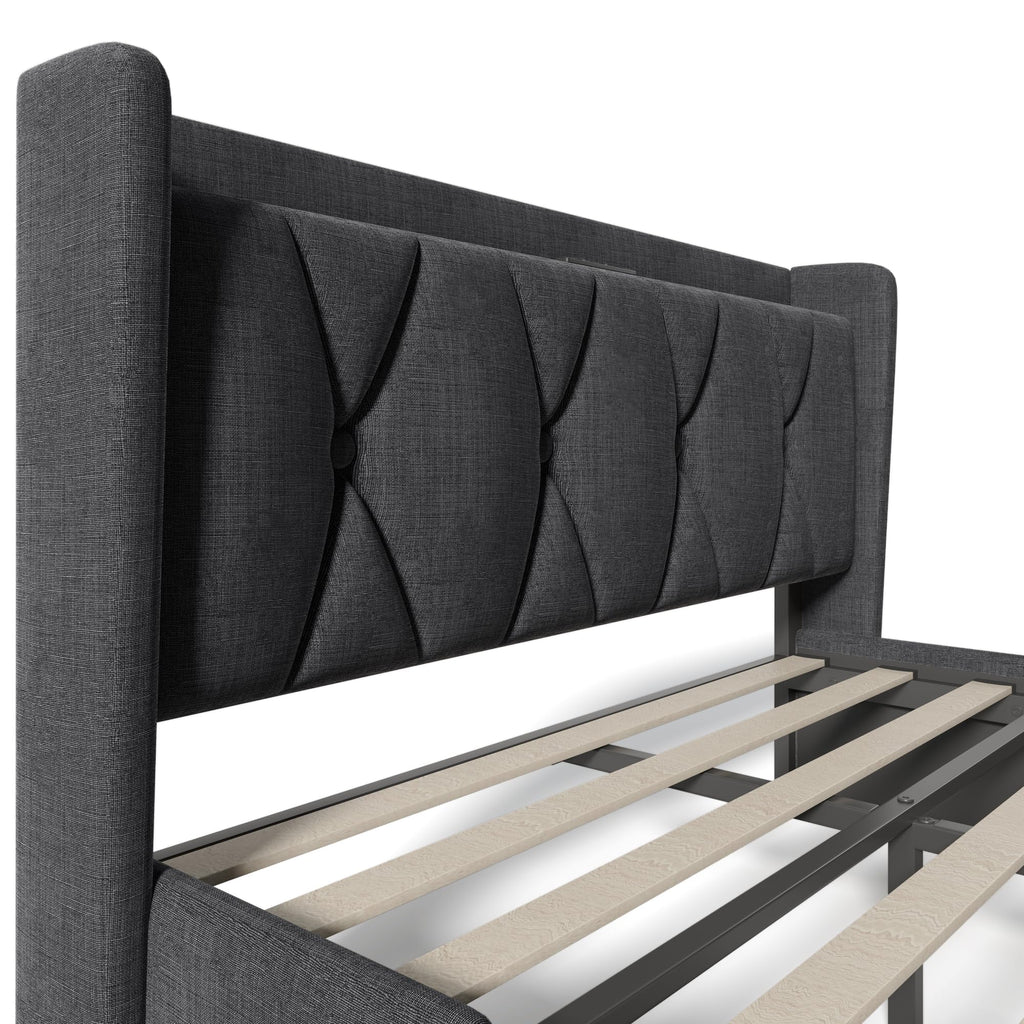 Huyuee Upholstered Bed with Charging Port and Four Drawers in Linen Grey