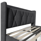 Huyuee Upholstered Bed with Charging Port and Four Drawers in Linen Grey