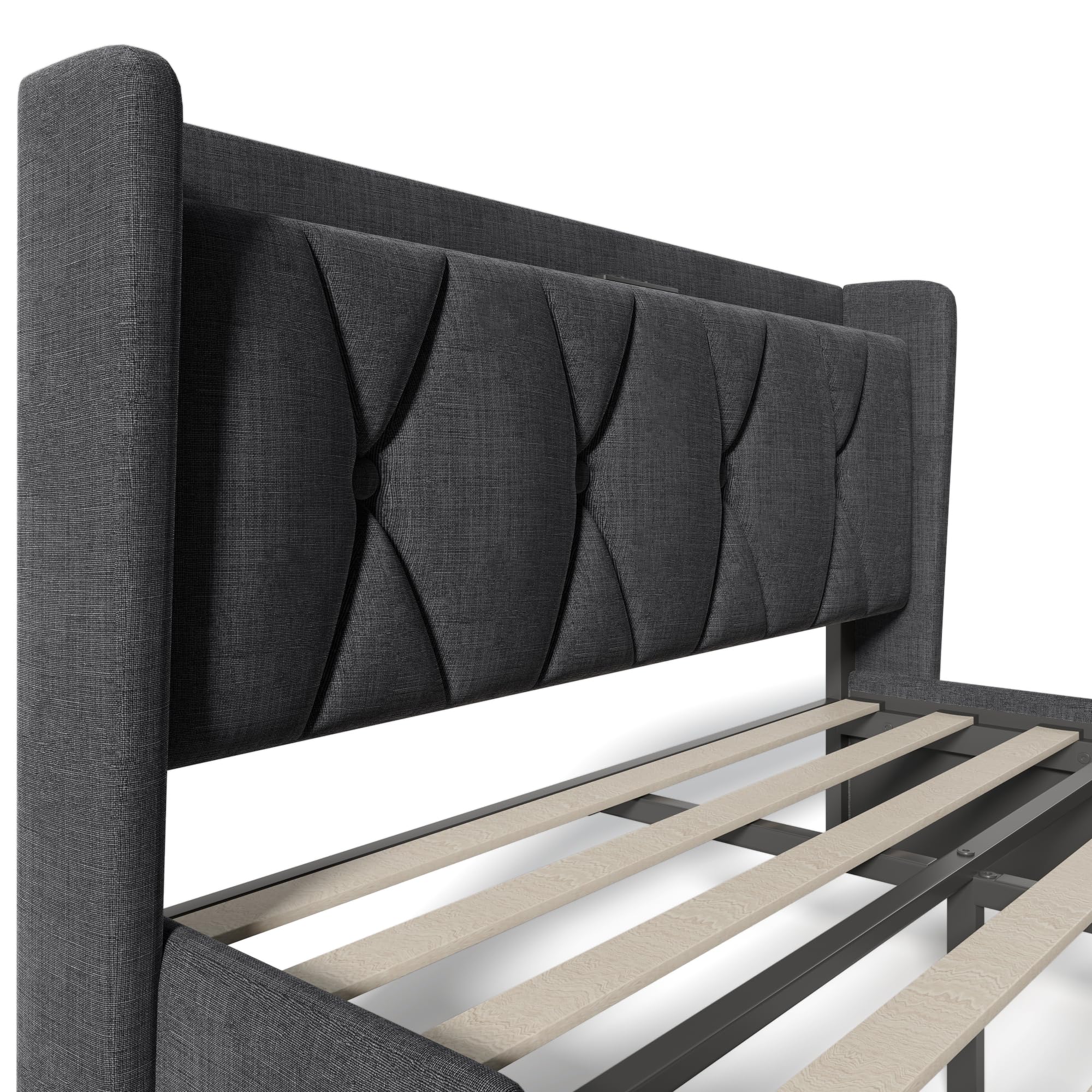 Huyuee Upholstered Bed with Charging Port and Four Drawers in Linen Grey