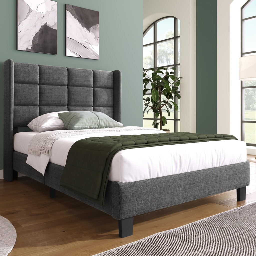 Merax grey upholstered bed with a high headboard and black legs, featuring a slatted base