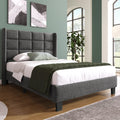 Merax grey upholstered bed with a high headboard and black legs, featuring a slatted base
