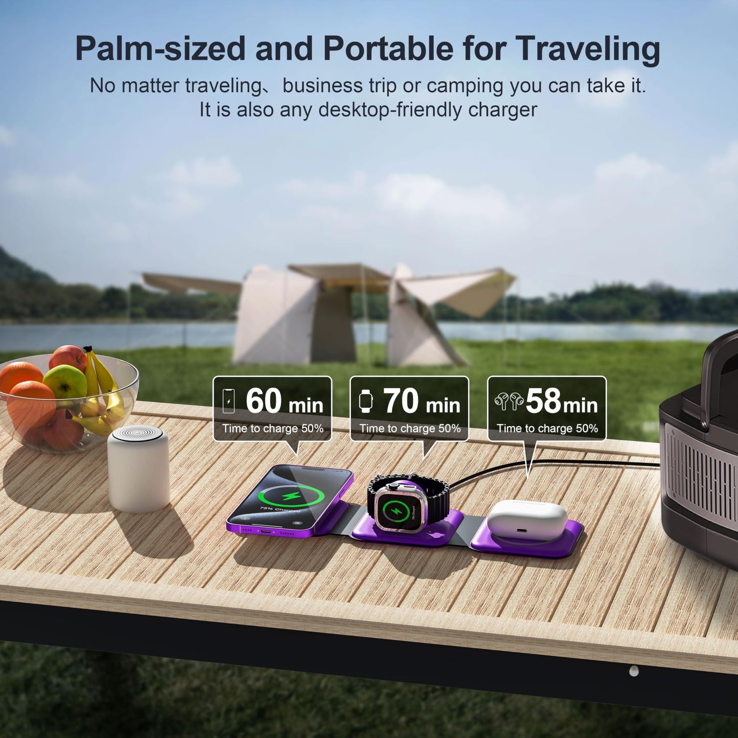 Portable Foldable Magnetic Wireless Charging Station | 3-in-1 Fast Charger for iPhone, Apple Watch & AirPods | Compact & Travel-Friendly Design