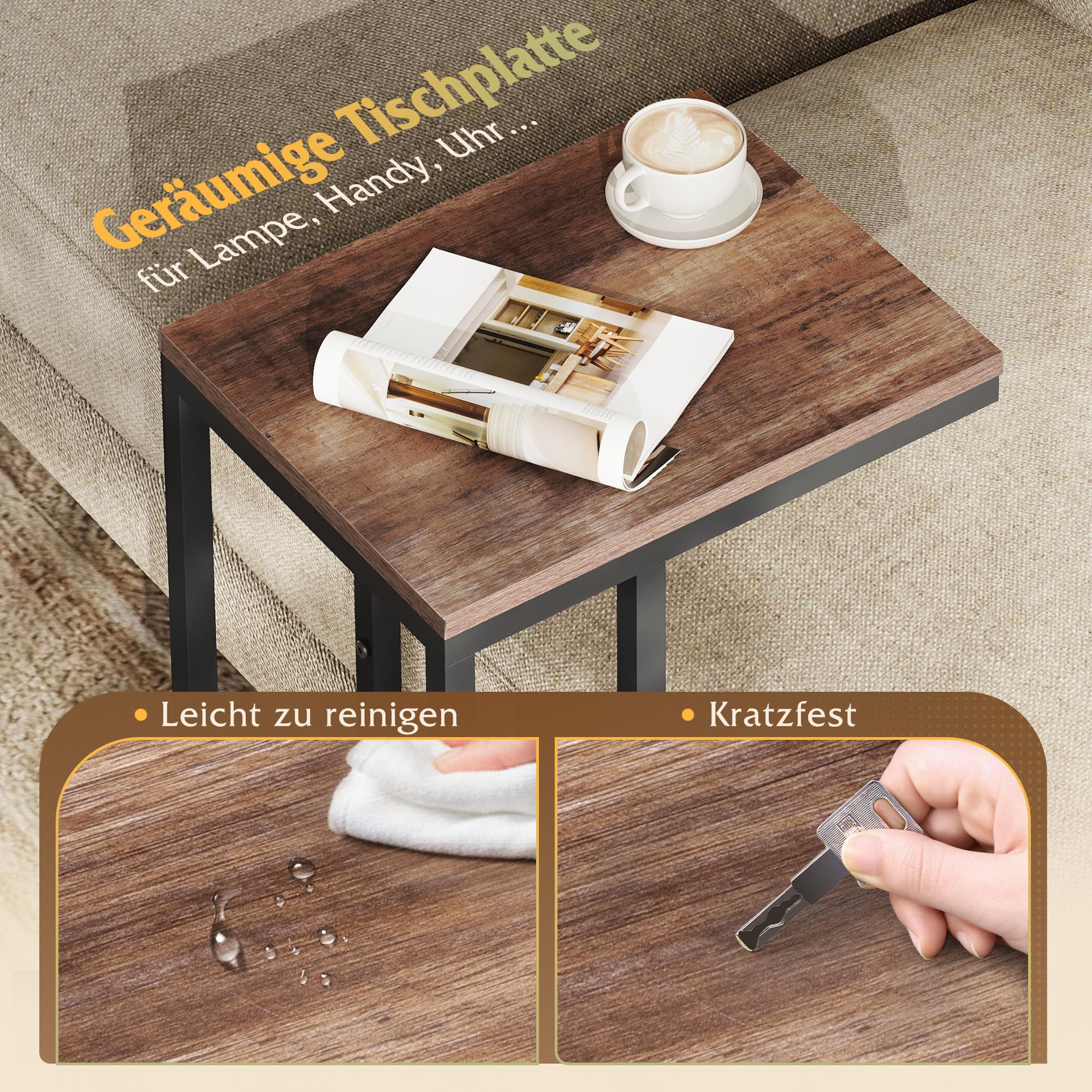 WLIVE C-Shape Side Table with Metal Frame, Brown