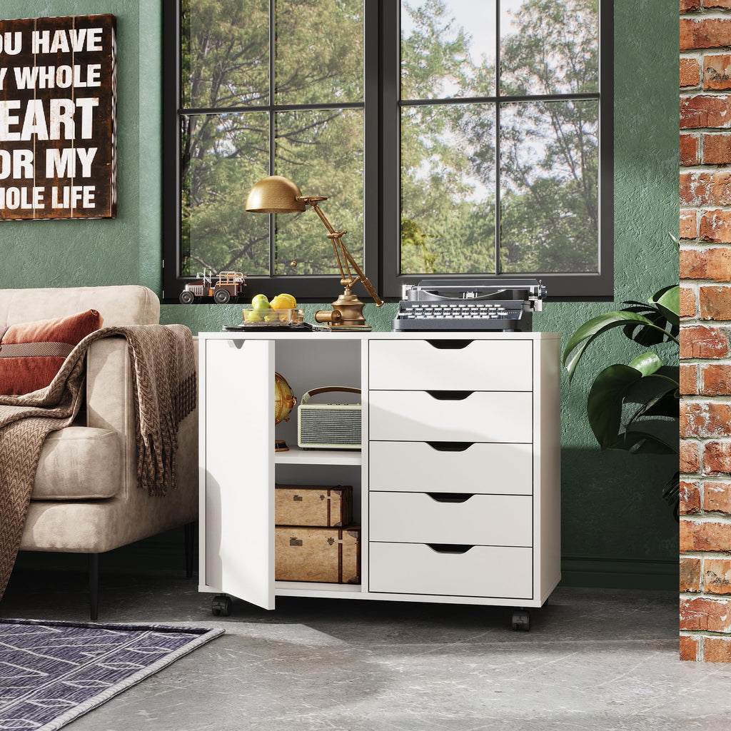 DEVAISE 5-Drawer Wood Cabinet with Adjustable Shelf and Wheels