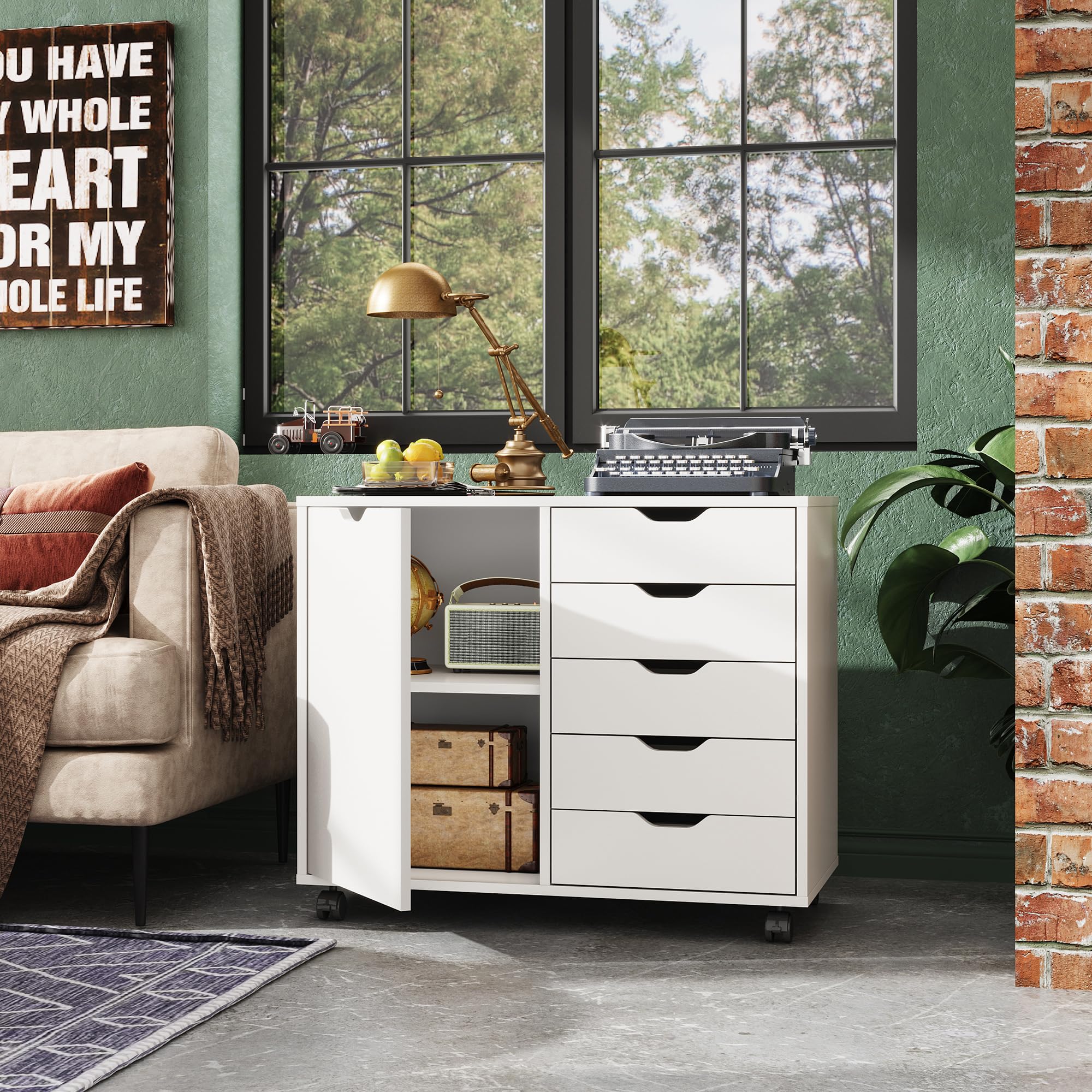 DEVAISE 5-Drawer Wood Cabinet with Adjustable Shelf and Wheels