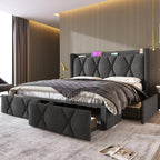 Upholstered bed with diamond button headboard and grey upholstery