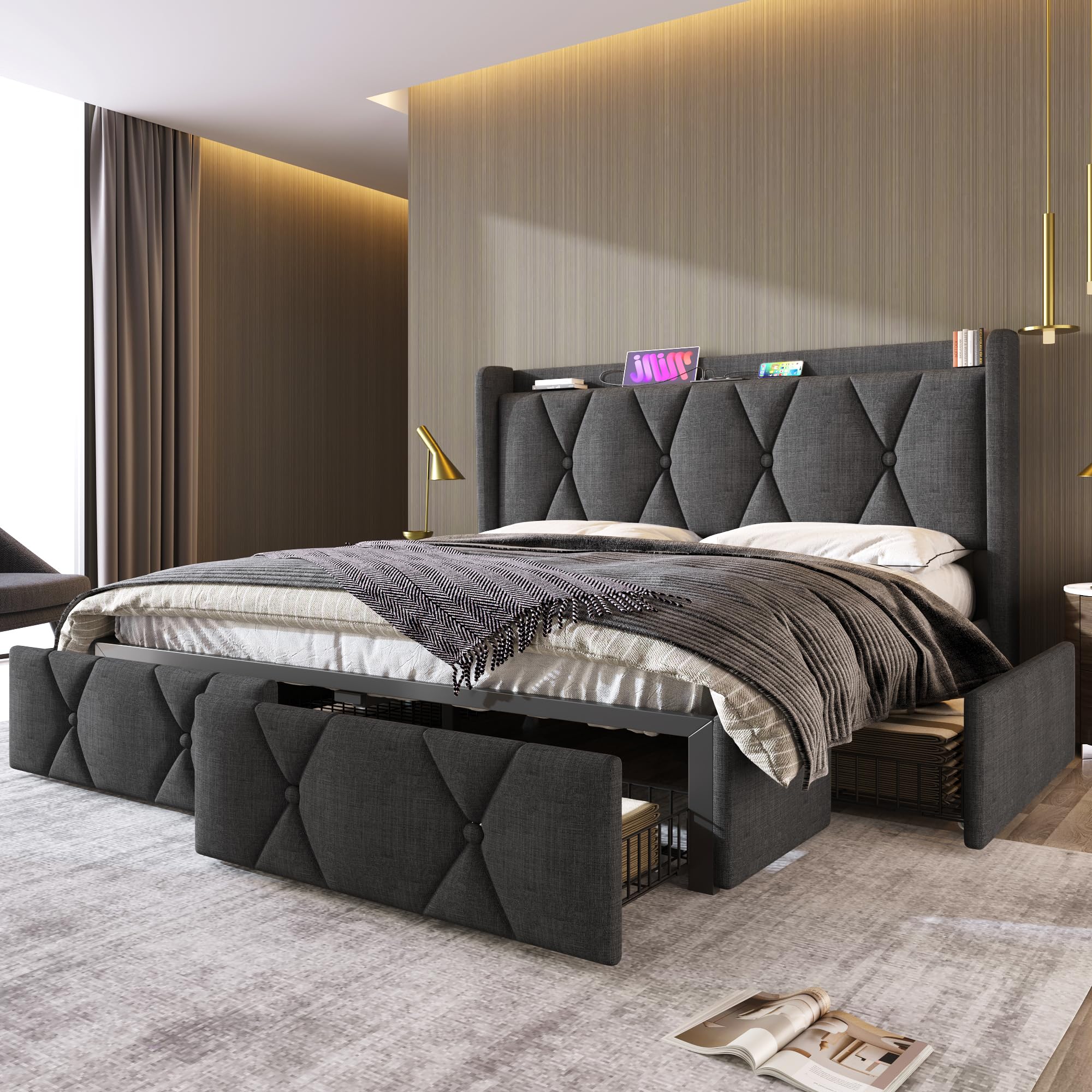 Upholstered bed with diamond button headboard and grey upholstery