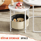WLIVE White Round Nest of Coffee Tables with Fabric Storage Basket