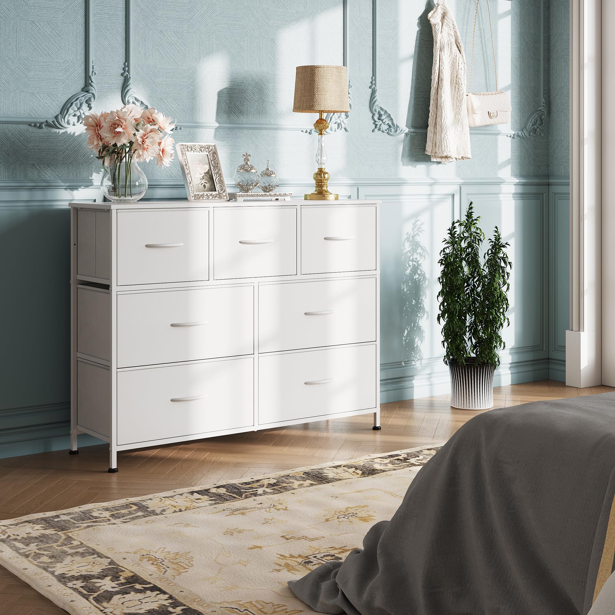 WLIVE 7 Drawer Dresser TV Stand with Sturdy Steel Frame