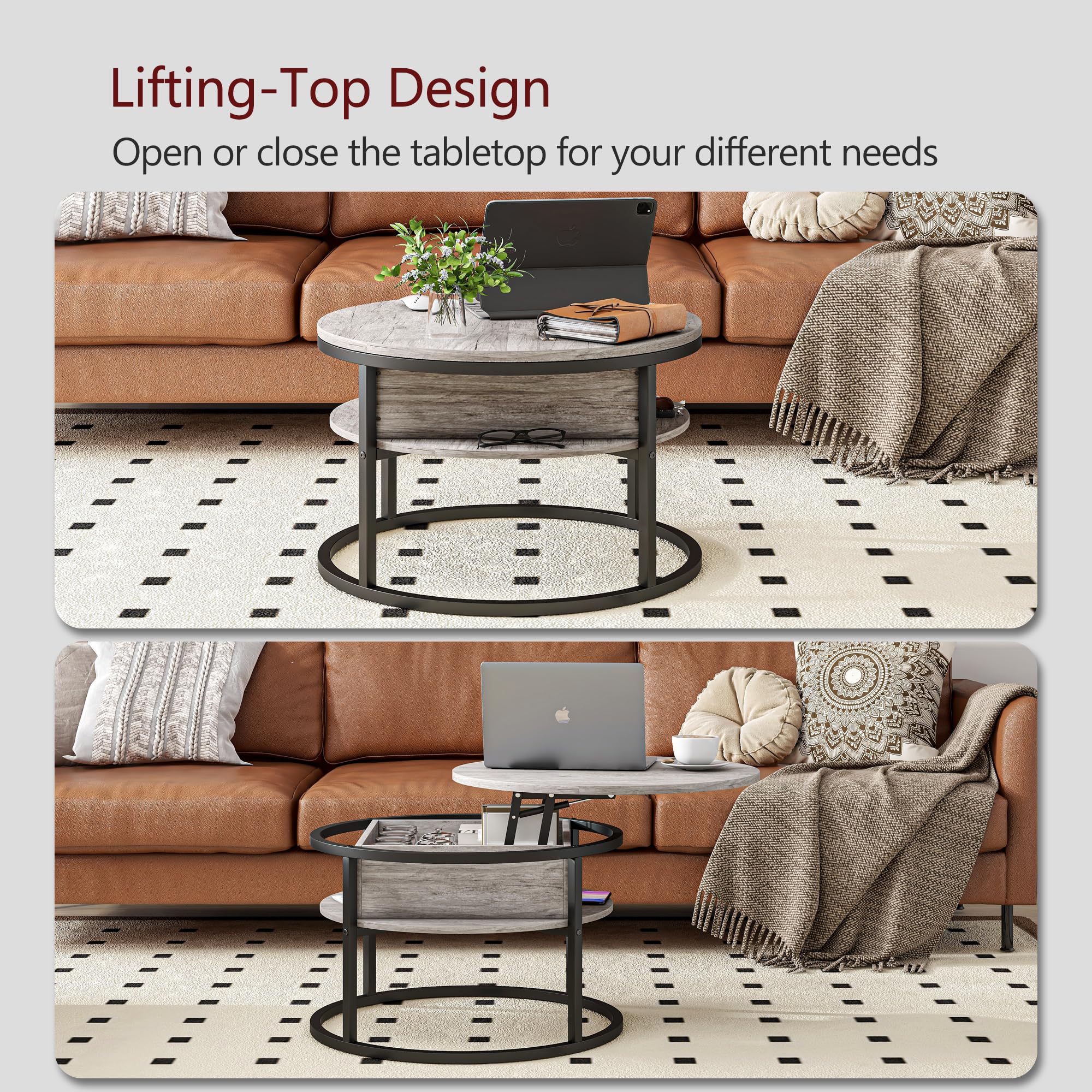 HOJINLINERO Modern Grey Lift Top Coffee Table with Storage