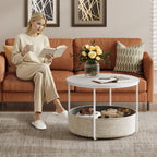 WLIVE Round White Coffee Table with Fabric Basket
