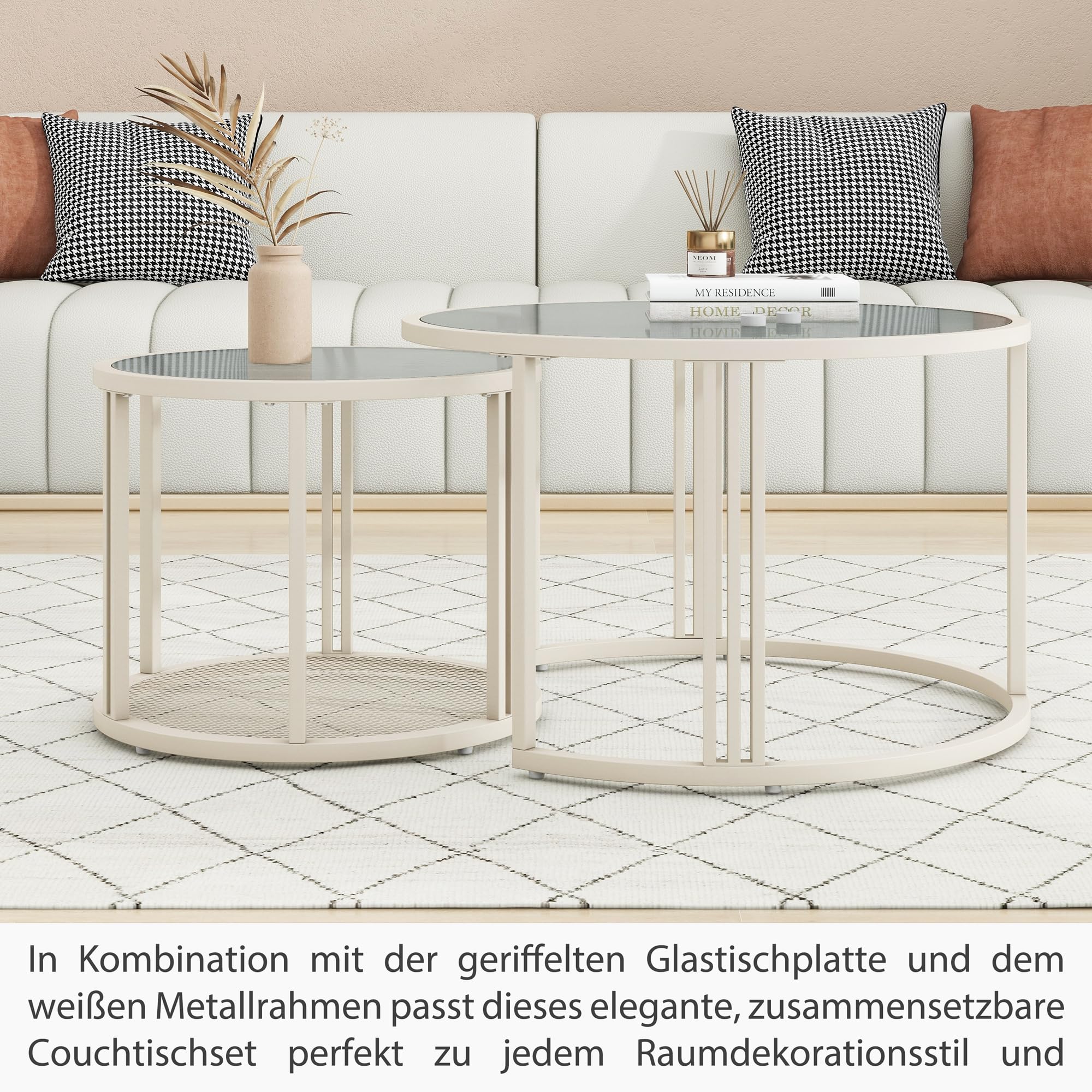 ULUCAN Set of 2 Round Coffee Tables with Water Wave Glass Top