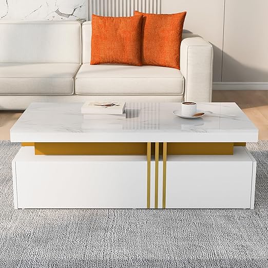 BTM Modern Rectangular Coffee Table with Two Wooden Drawers, Glossy Imitation Marble Tabletop, White