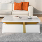 Modern rectangular coffee table with imitation marble top and gold frame