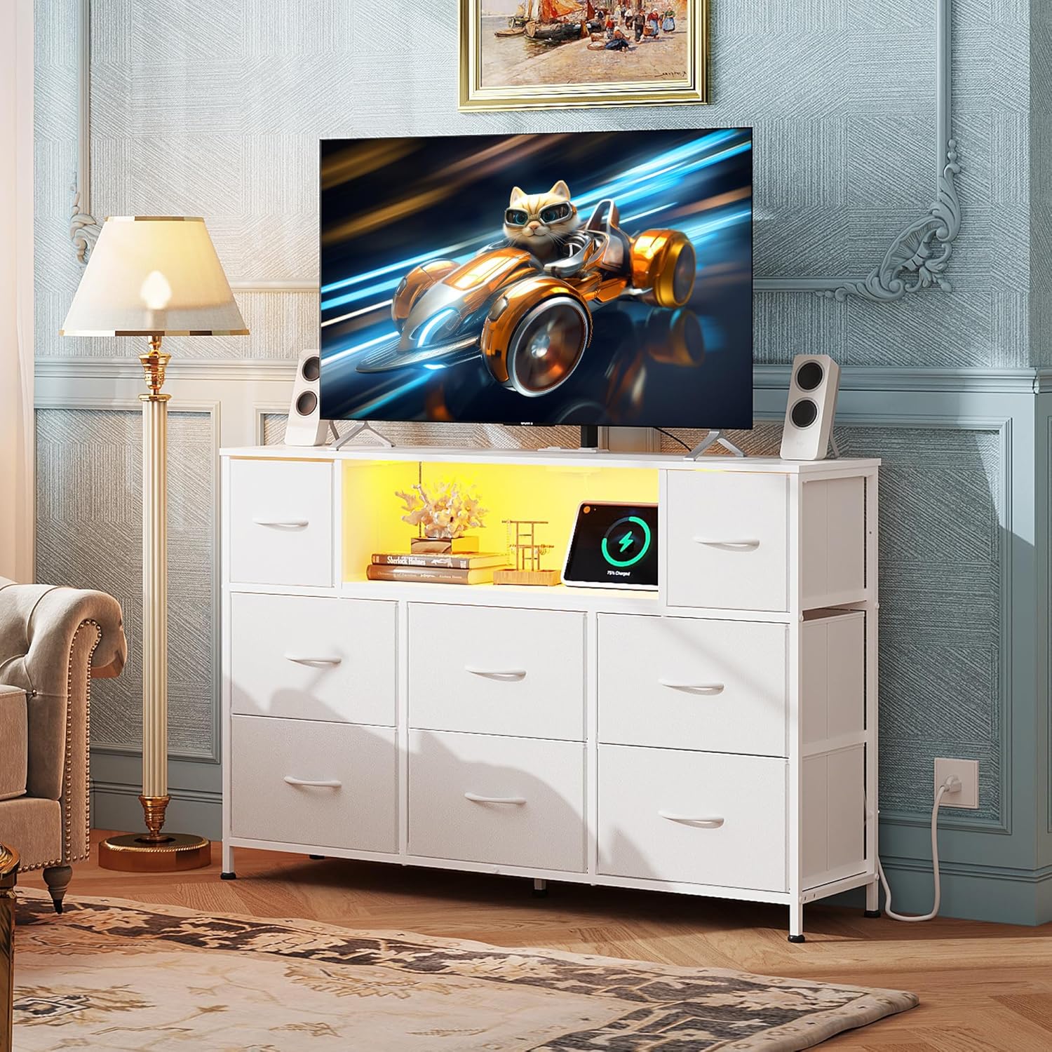 WLIVE White Dresser TV Stand with LED Lights and Charging Station